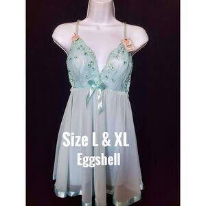 NWT Spree Aqua Teal Babydoll Lingerie w/ Embroidered Top & Bow, Size XL
